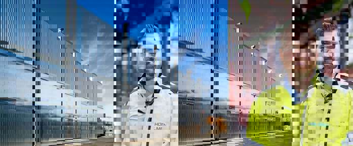 Split image showing a timber kiln and a man from Holmen.